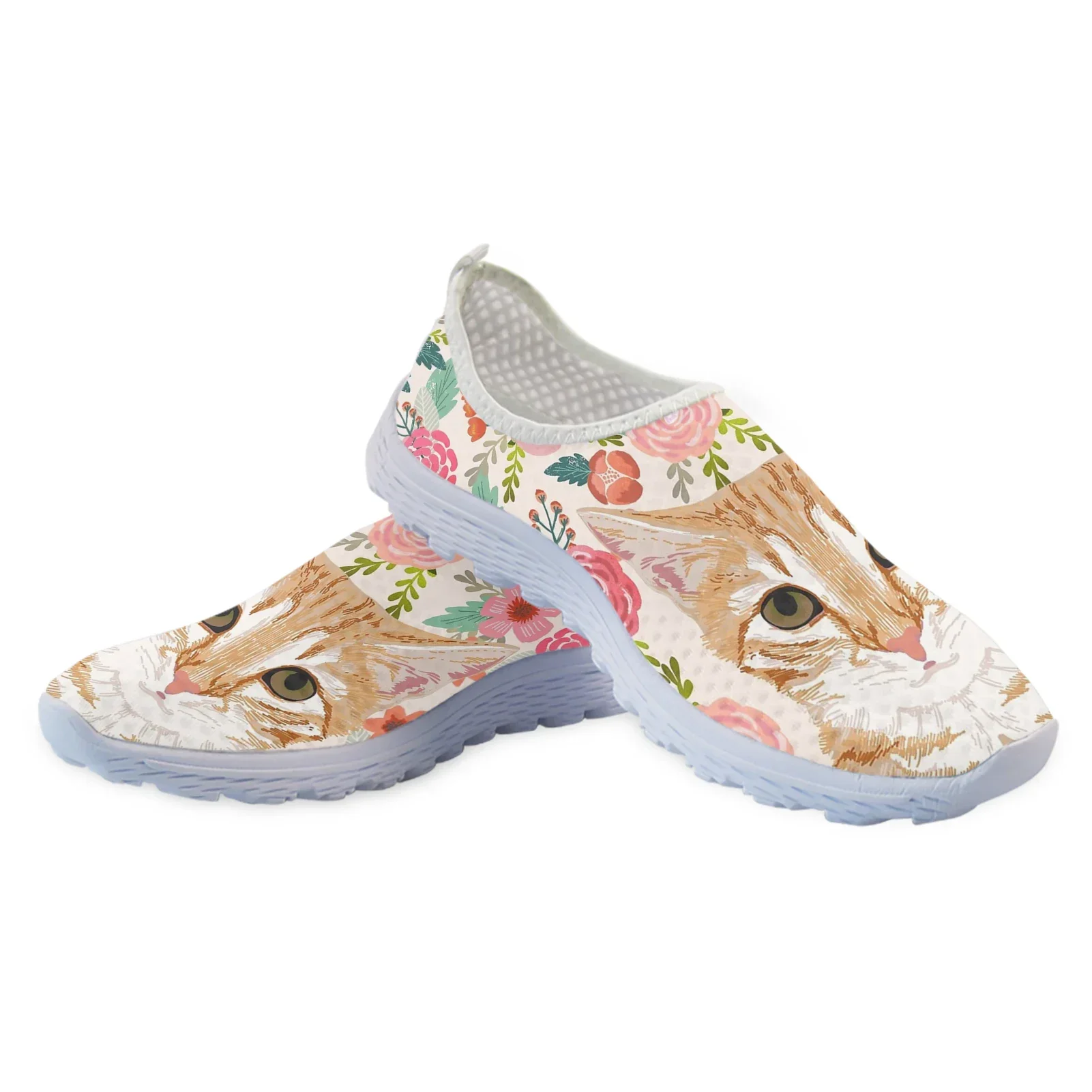 Cute Cartoon Orange Cat/kitten Hibiscus Print Summer Women's Shoes Comfortable Flat Loafers Soft Sole Slip On Shoes