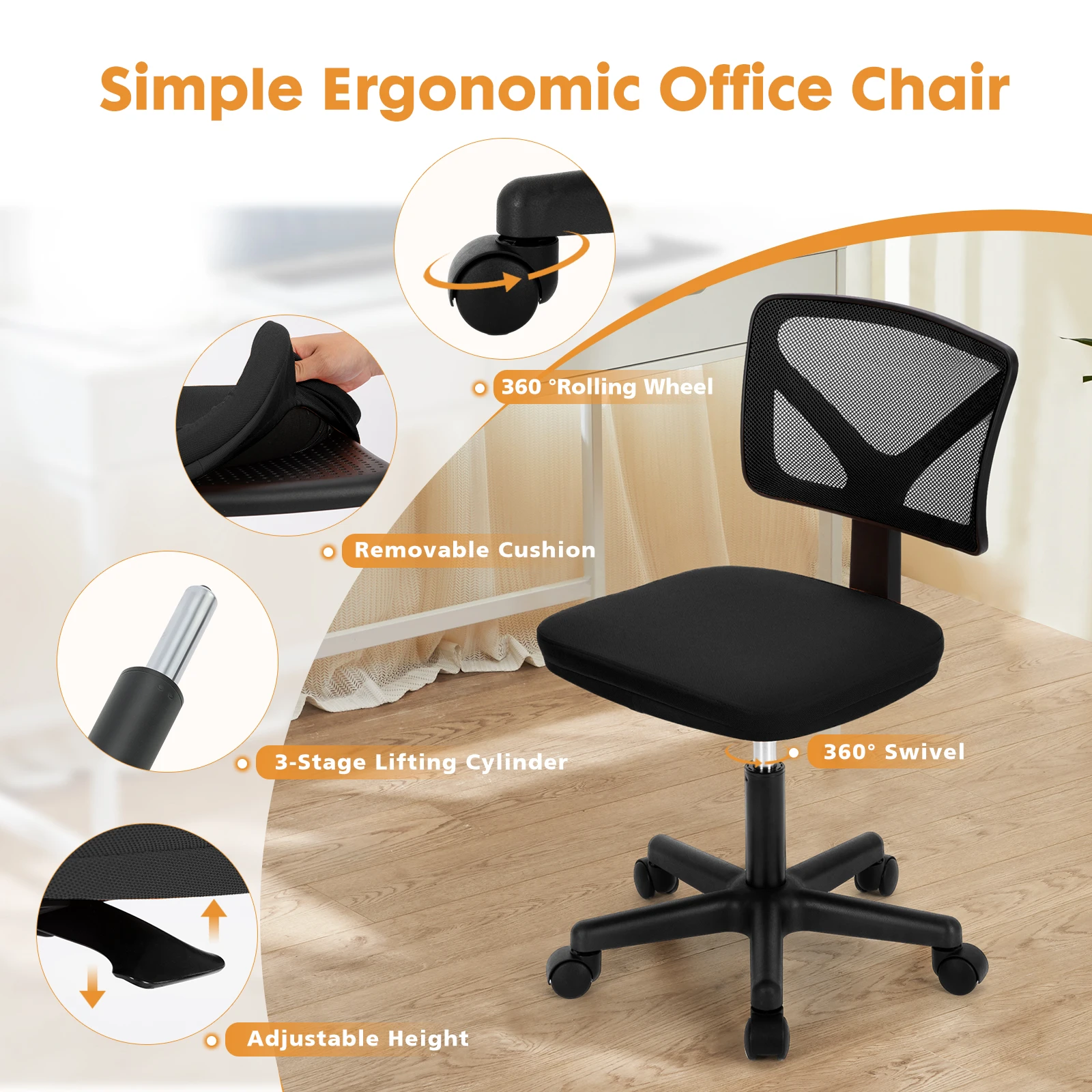 JHK Mesh with Lumbar Support Armless Office Chair Low Back with Wheels Adjustable Height 360° Rolling Swivel Computer Chair 5