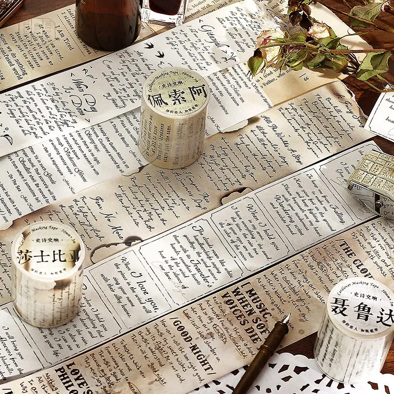 

English Poetry Vintage Washi Tape Antique Decorative Tapes For Scrapbooking Supplies Junk Journal Art Craft