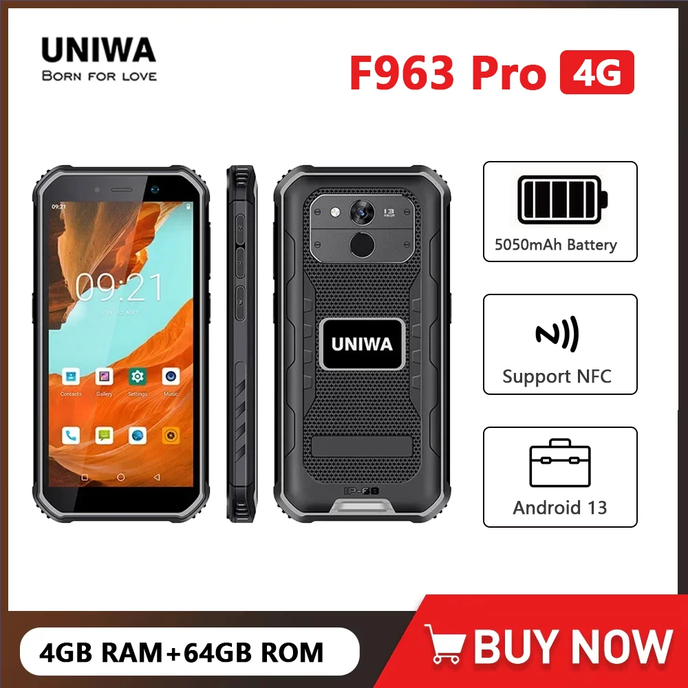 UNIWA F963 Pro 5.5 Inch Outdoor IP68 Waterproof Smartphone Android 13 4GB+64GB 5050mAh Fingerprint Unlock 5.5 Inch Cellphone NFC