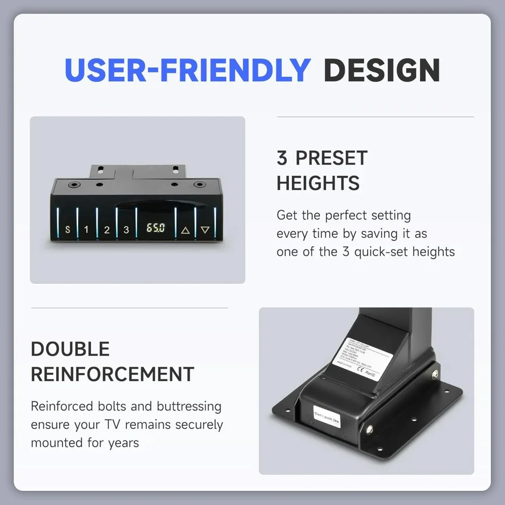 Motorized TV Lift for 32-70 Inch TVs, Adjustable Height Stand and Wall Mount with Remote Control, Fits TVs up to 600x400 VESA