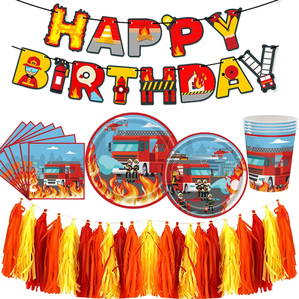 Fire Truck Birthday Party Supplies Firefighter Disposable Tableware Paper Plates Cups Napkin Happy Birthday Banner Fireman Party