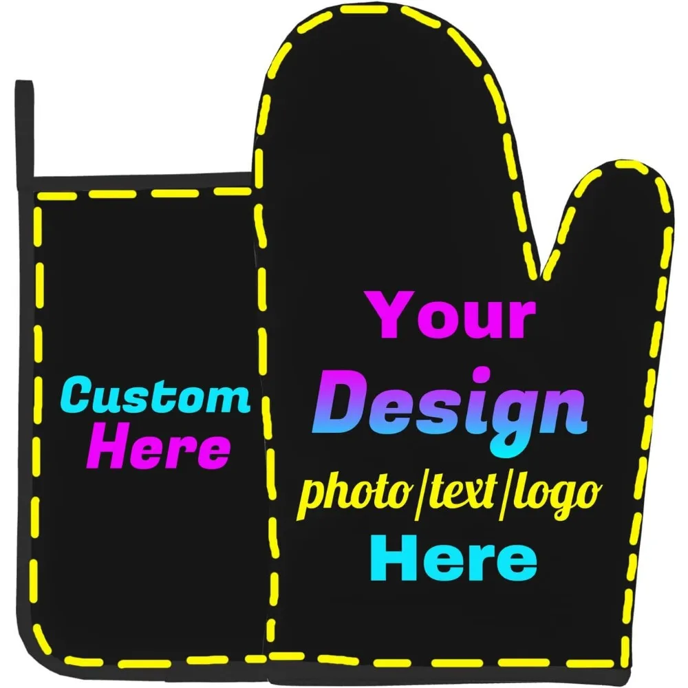 Oven Mitts and Pot Holders Sets 2pcs Personalized Oven Mitts with Image Text Non-Slip Gloves and Mat Set