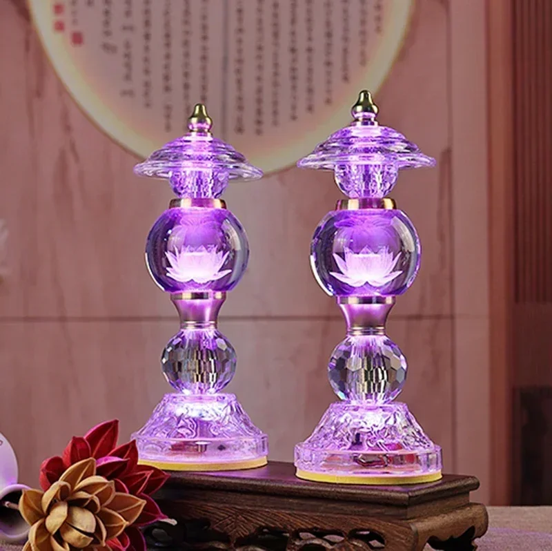 Household LED Crystal Ball Glass Lotus Lamp, Buddha Offering Lamp, Prayer, Feng Shui, Eternal Light of Buddha Hall, Tools