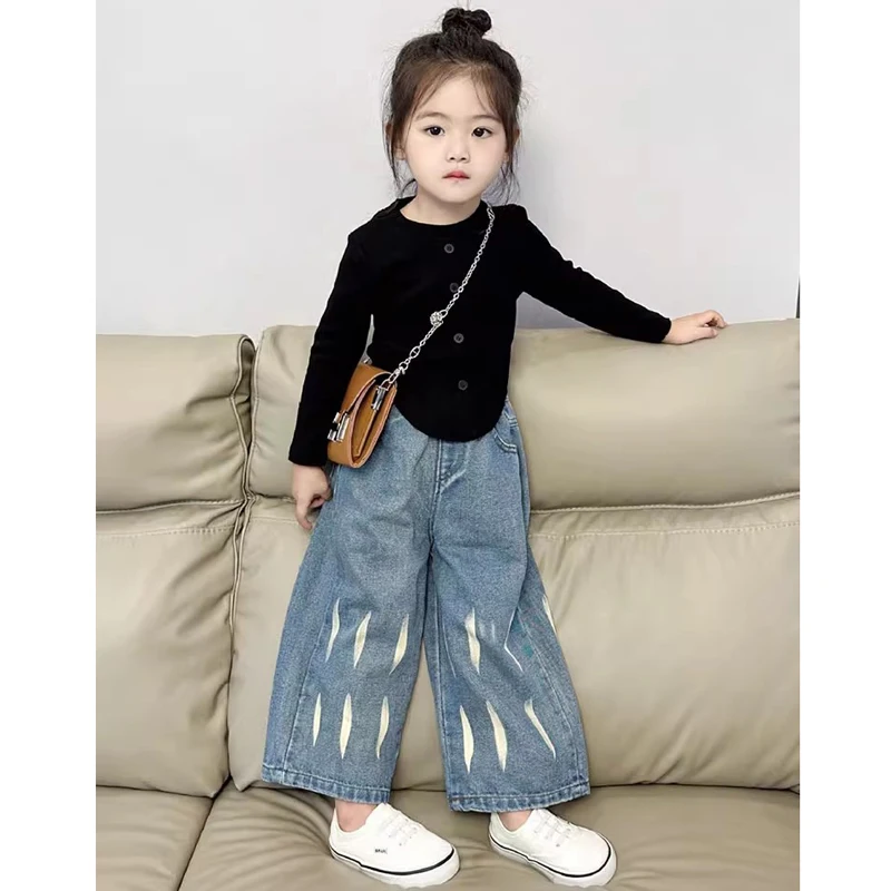 

Spring Autumn Girls Clothing Set 2024 New Short Style Black Shirt+Wide Leg Jeans 2Pcs Suit For3-8Y Girls Fashion Casual Outfit