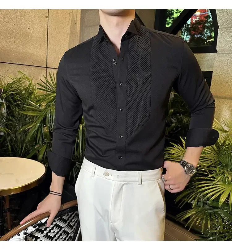 Description Picture 3 of itemQuality Banquet Tuxedo French Wing Collar Long Sleeve Shirts For Men Clothing Fashion Accordion Fold Slim Fit Social Shirt Dress