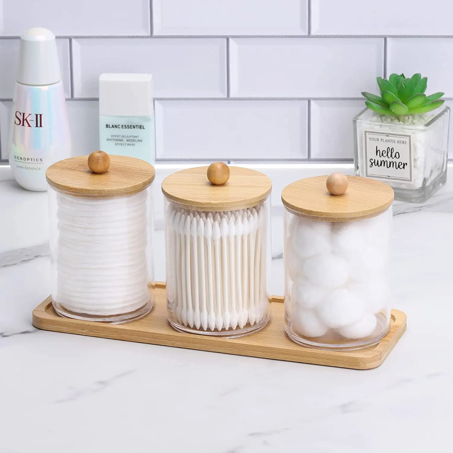 10Oz Cotton Swab/Ball/Pad Holder Vanity Tray Qtip Apothecary Jar Clear Bathroom Container Dispenser for Storage 3 Pack Wood Lids 3