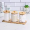 10Oz Cotton Swab/Ball/Pad Holder Vanity Tray Qtip Apothecary Jar Clear Bathroom Container Dispenser for Storage 3 Pack Wood Lids 3