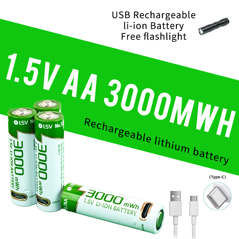 New 1.5V AA battery Rechargeable lithium battery 3000mWh environmentÂ protection High quality batteries USBTYPE-C direct charging