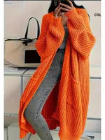 Femme longue tricoté manteau décontracté automne hiver mode manches longues avec poche Cardigan pull dames confort chaud chandails 2