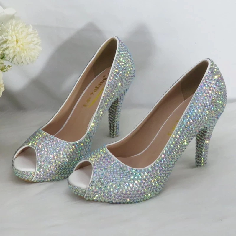 

New Women AB Bling Rhineston Pumps Open Toe Bridal Crystal Wedding shoes party dress shoes Peep toe Handmade customization