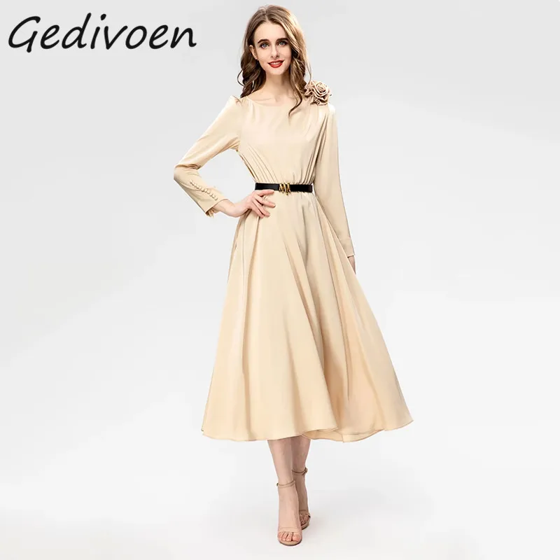 

Gedivoen Summer Fashion Designer Vintage khaki Dress Women O-Neck Long Sleeve Button Appliques Sashes High Waist Slim Midi Dress