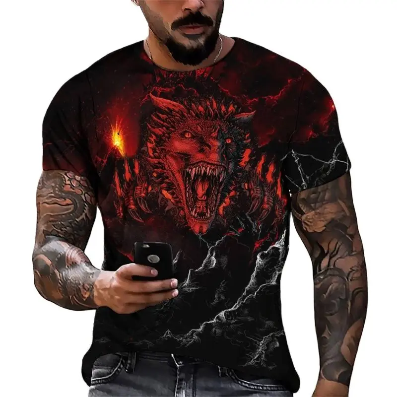 

Men'S Summer Vintage Flame Dragon 3d Printed T-Shirt Stylish And Comfortable O Collar Short Sleeve Oversized Top