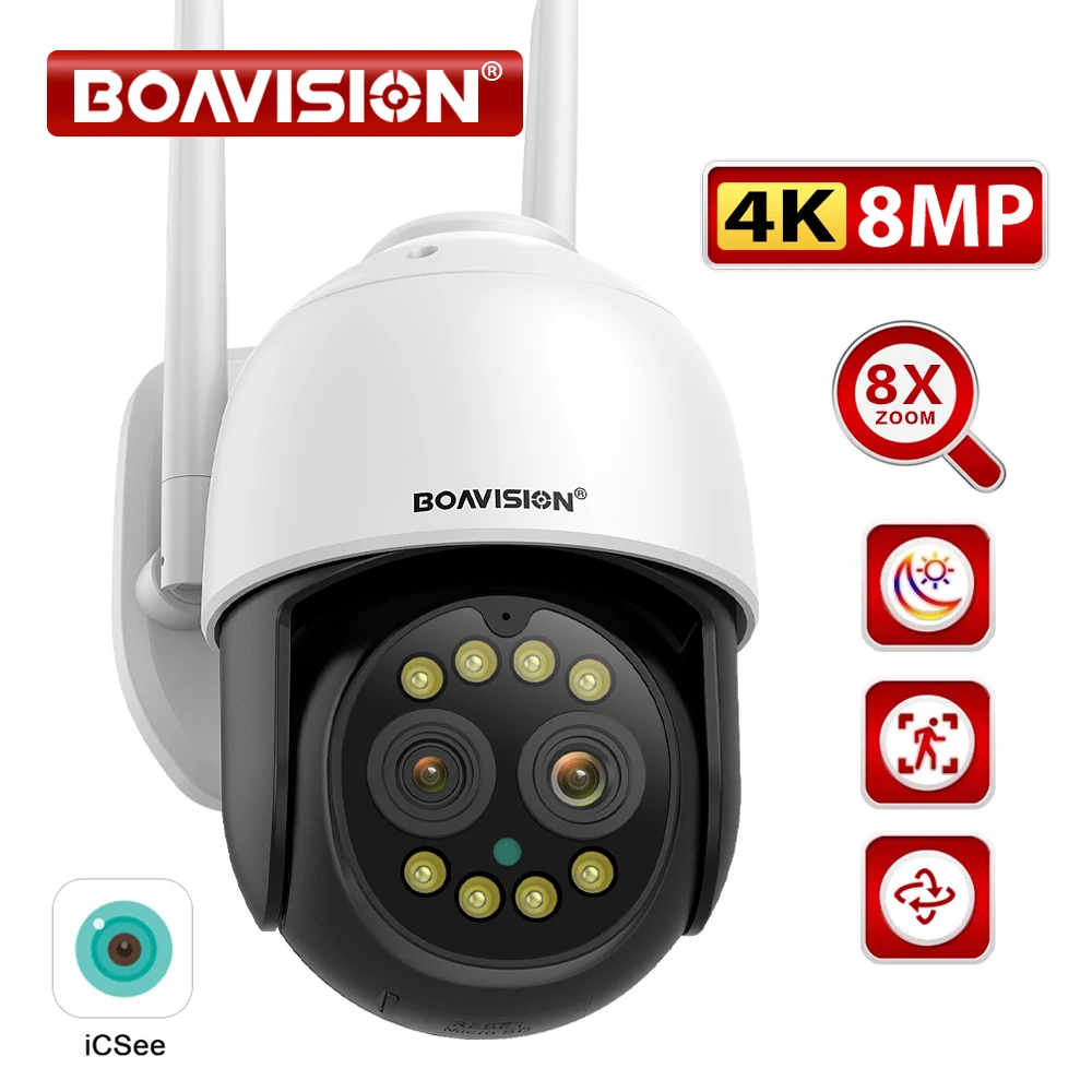 BOAVISION HD 8MP Dual Lens WIFI Camera PTZ 8X Digital Zoom 4K AI humanoid Auto Tracking Zoom Outdoor Audio iCSee Security Camera