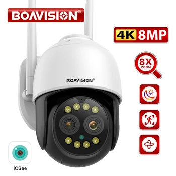 BOAVISION HD 8MP 듀얼 렌즈 와이파이 카메라, PTZ 8X 디지털 줌, 4K AI 휴머노이드 자동 추적 줌, 야외 오디오 iCSee 보안 카메라
