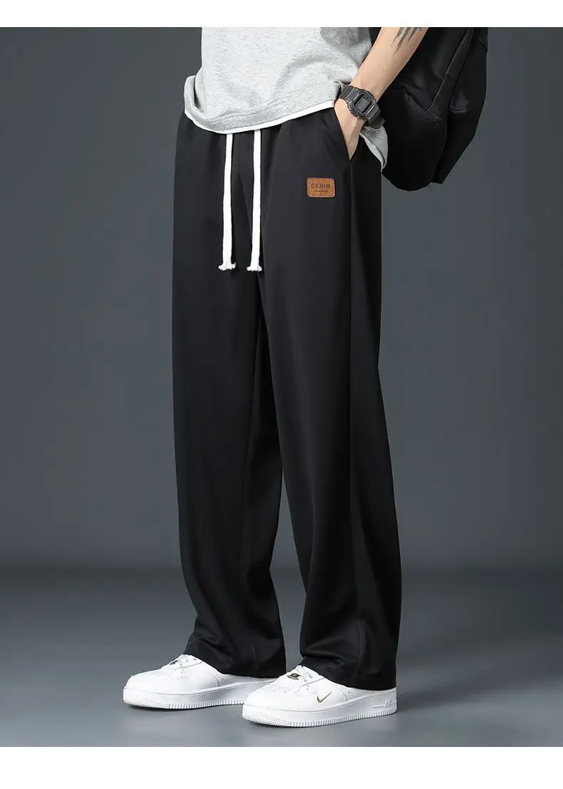 Men's Wide Leg Pants Summer Thin Ice Silk Patch Classic Boy Casual Loose Straight Cylinder Waist Drawstring Motion