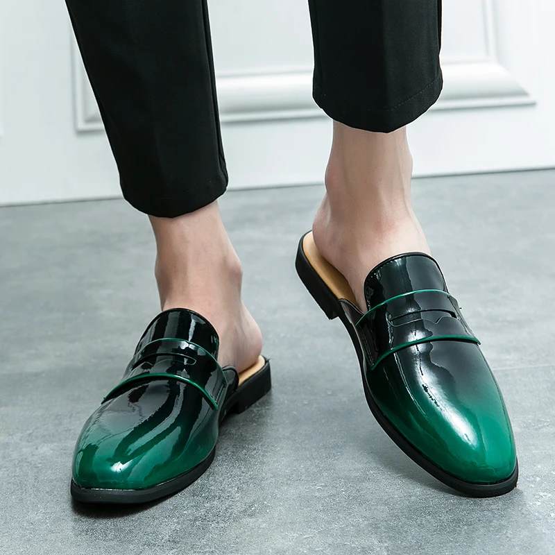 Summer New Fashion PU Leather Casual Mules For Men Male Slip-on Breathable Comfy Half Loafer Slippers Handsewn Leisure Sandals
