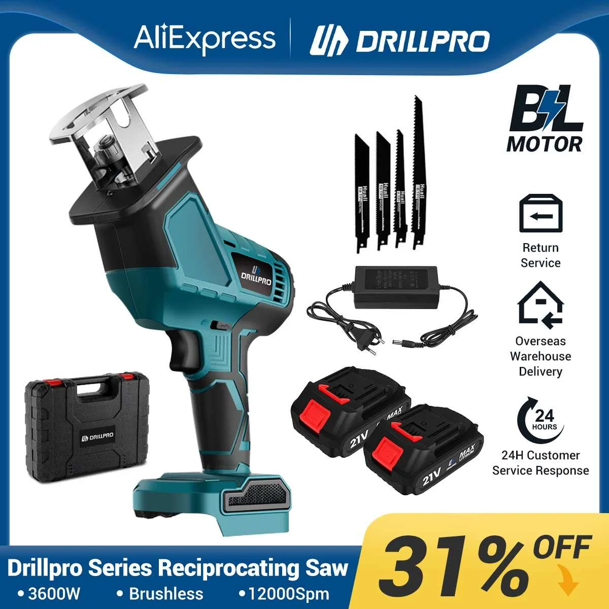 

Drillpro 3600w 12000spm Brushless Reciprocating Saw Cordless Battery Chainsaw Wood Metal Cutting Power Tool For Makita Battery