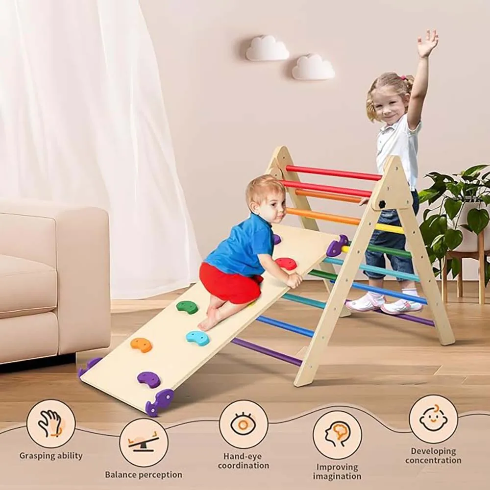 Pikler Triangle Set With Cushion, 5 In 1 Montessori Foldable Climbing Set, Climbing Indoor Playground Set For Toddlers, Wooden C 4