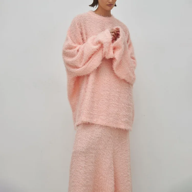 TRAUXY Autumn Winter Plush Knitted Suit Women's Long Sleeve O-Neck Pullover Top Long Skirts Two Piece Sets Solid Female Elegant