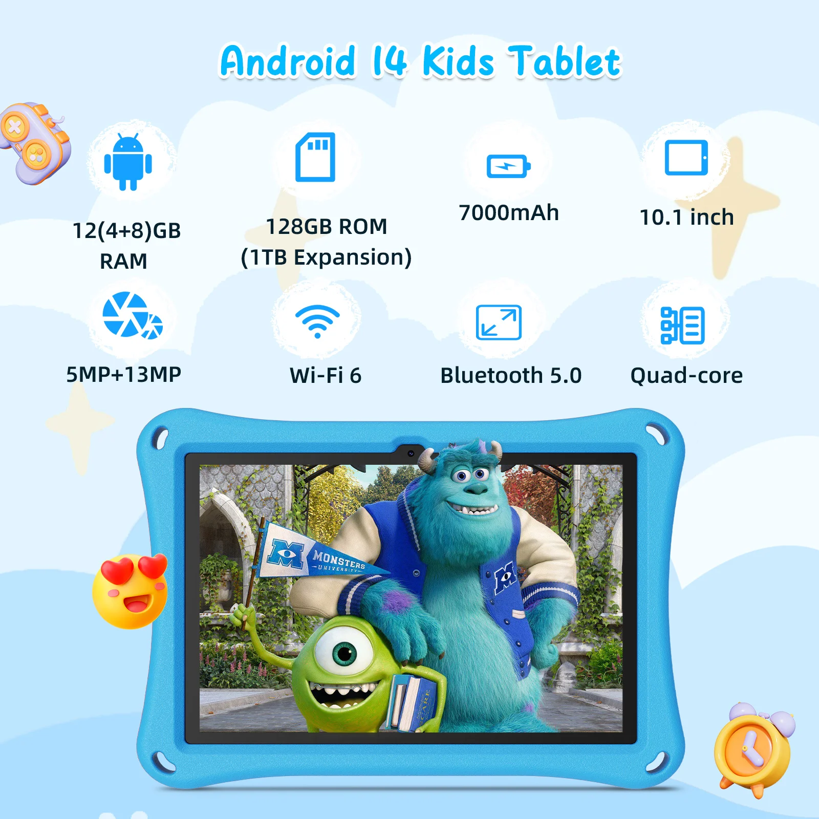 XGODY 10.1 Inch Kids Tablet Android 14 4+8GB RAM 128GB ROM 5G WiFi 7000MAH Battery Dual Camera Children's Gift Kids Software 3