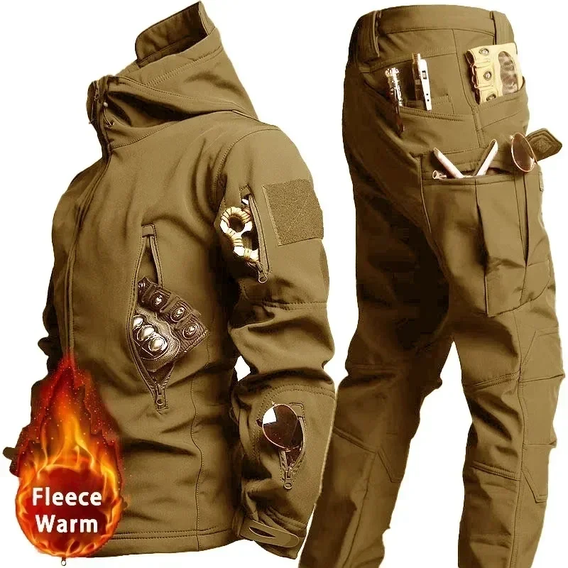 NEW Camo Fleece Warm Sets Winter Soft Shell Tactical Jacket Cargo Pant Outdoor Multi-pocket Waterproof Hunting Suit 4