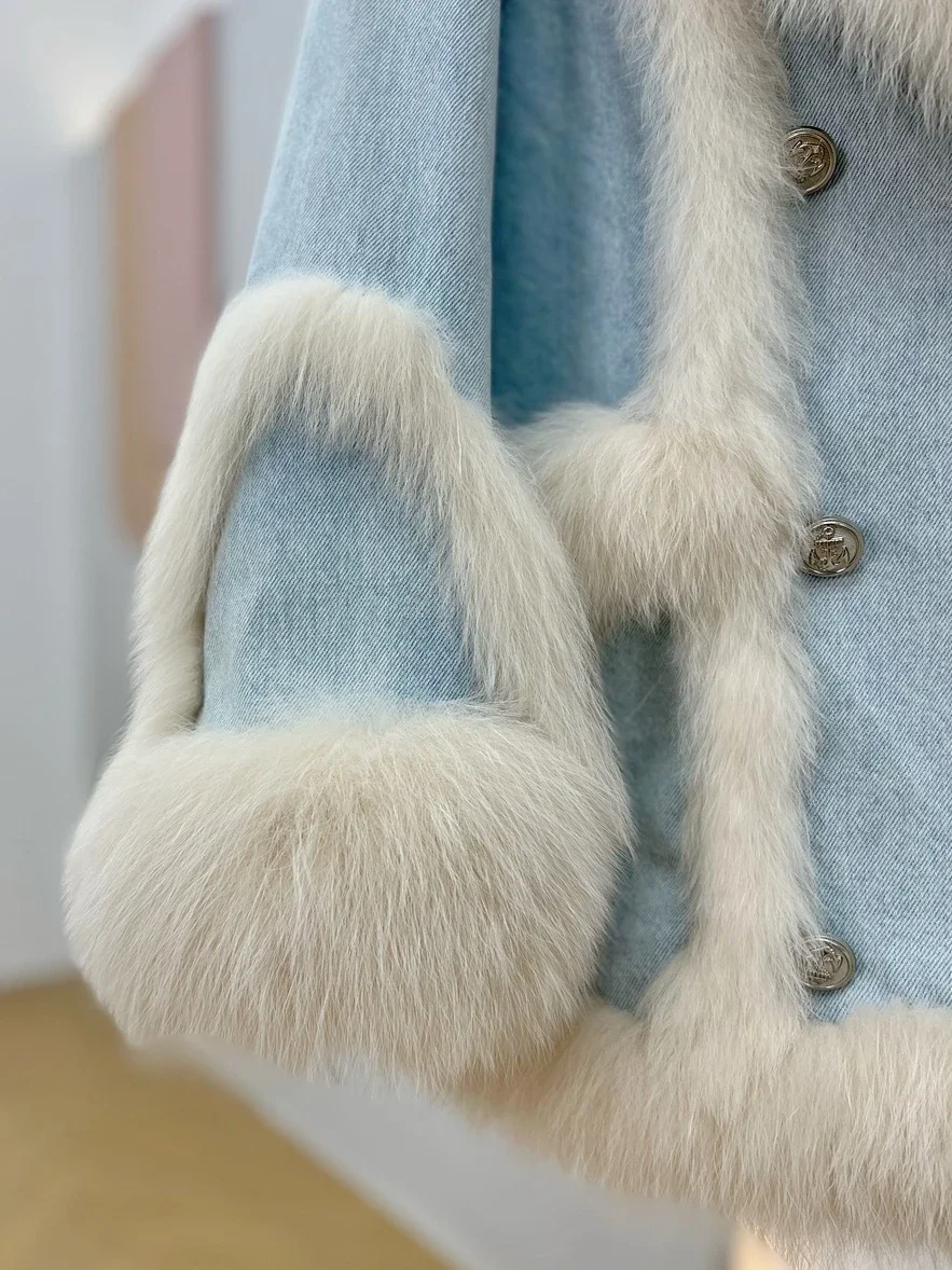 Denim Splicing Real Fox Fur Coat 2023 Winter Goose Down Inner Fluffy Collar Jackets Young Medium Long Fashion Women's Clothing