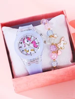 5PCS purple cute silicone Unicorn digital watch and acrylic unicorn bracelet set gift no gift box 1