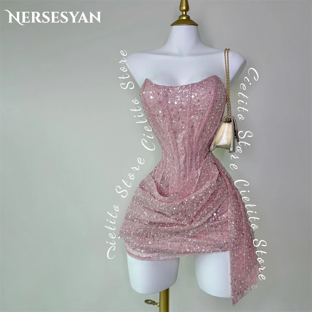 

Nersesyan Rose Red Glitter Party Gowns For Evening Off Shoulder Lace Pleats Backless Prom Dress Pearls Sequins Cocktail Dresses