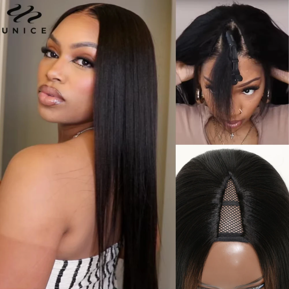 Unice Hair Yaki Straight V Part Wig Human Hair Clip-in Human Wigs Upgrade U Part Wigs Easy Blend Seamless Mini Leave Out human hair wigs