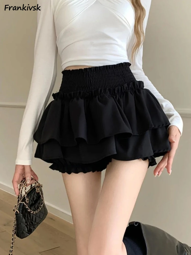 

Skirts Women Solid Basic All-match Balletcore Style Girlish Preppy Elastic Waist Multi Layer Ruffle Edge New Mini Party Clothing