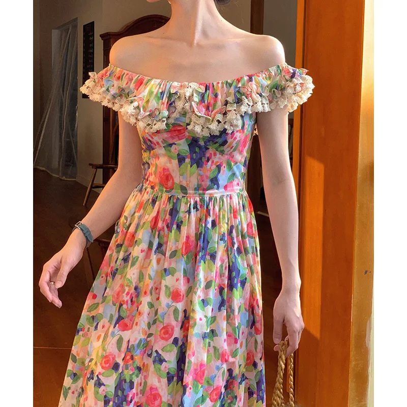 

((Runmei) "Hand-painted Lyric Poetry" French One Shoulder Tea Break Dress Off Shoulder Oil Painting Print Dress Girl Spring