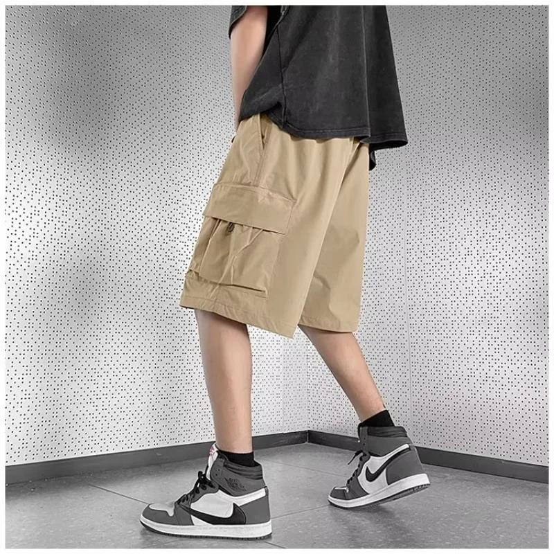 Summer New Men's Solid Color Cargo Trousers Fashion Trendy Loose Spliced Pockets Elastic Drawstring All-match Comfortable Shorts