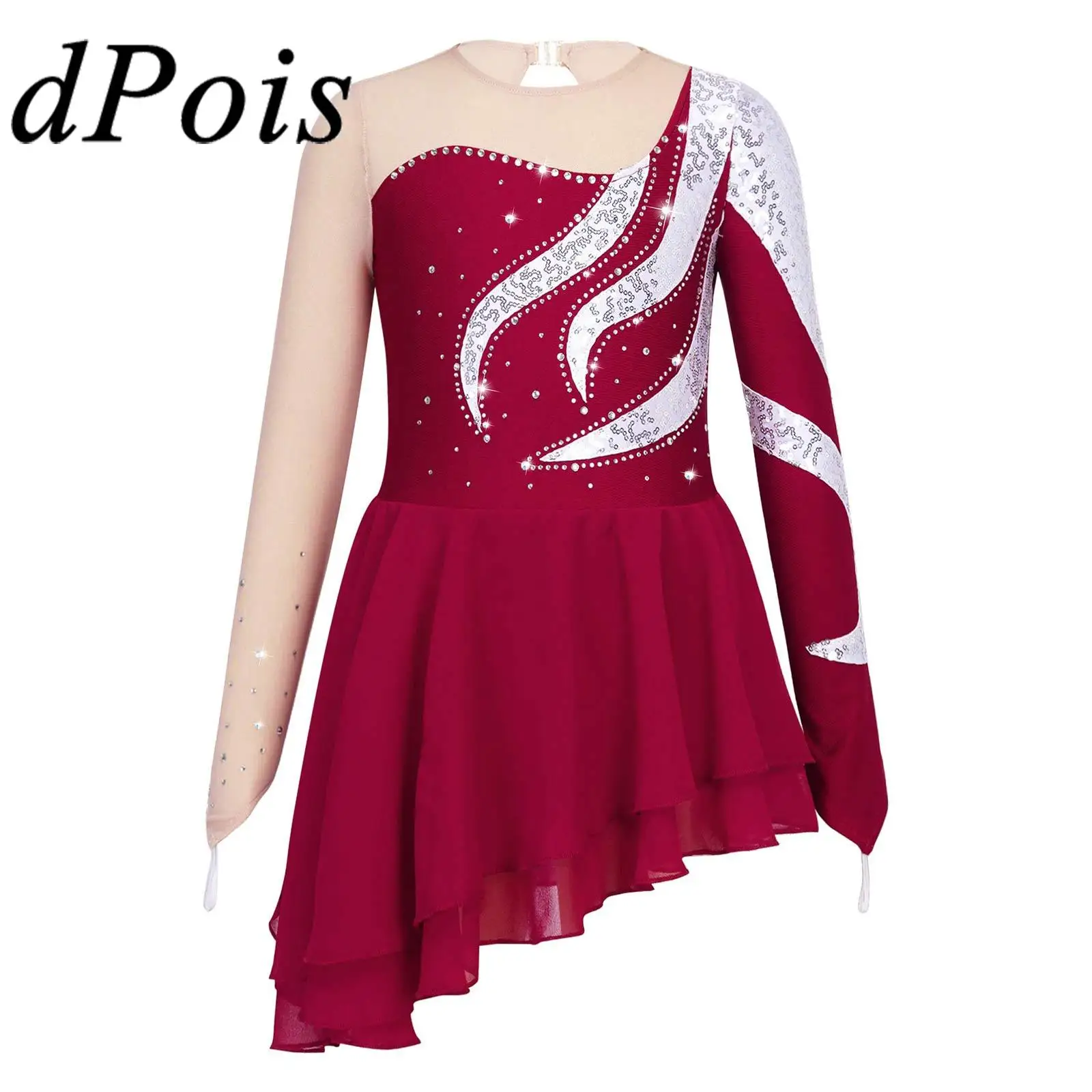 

Kids Figure Skating Dress Girls Shiny Sequins Ballet Gymnastics Leotard Dance Competition Mesh Splice Chiffon Ballerina Costumes