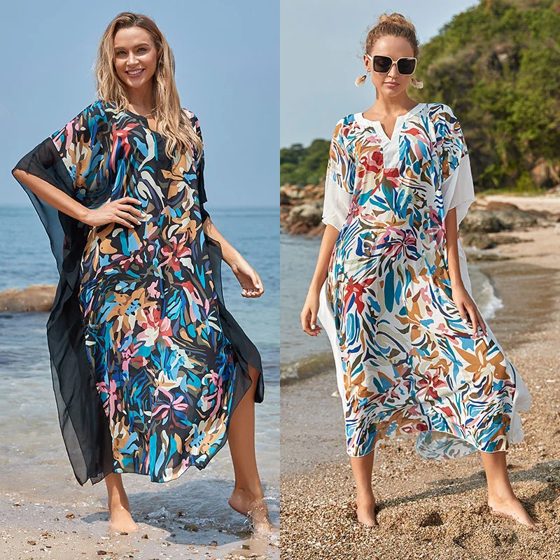 

Beach Printing Bikini Cover Up Clothing Kimono Sexy Transparent Tunics Beach Outfits For Women Summer Vintage Swimsuits