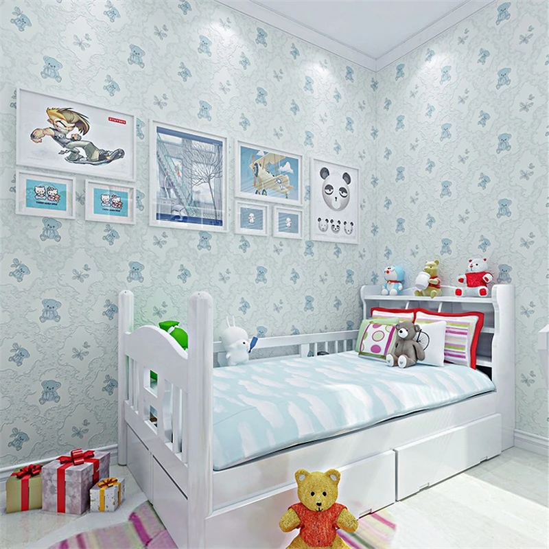 

Blue Bear Cartoon Wallpaper Mural Cute Pink Children Nursing Room Bedroom Yellow Background Wall Poster Canvas Home Decor 9.5m