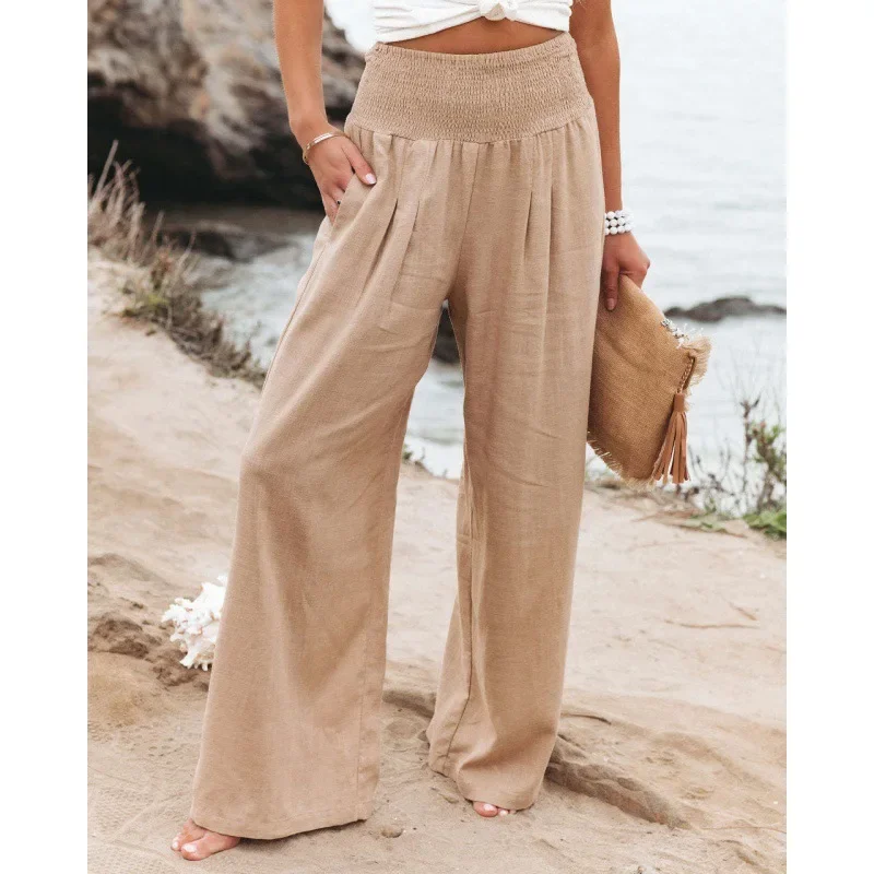 

AYUALIN Boho Beach Wear Wide Lag Pants Loose Oversize Casual Pants XXXL Size Casual High Elastic Waist Cotton Linen Pants Women