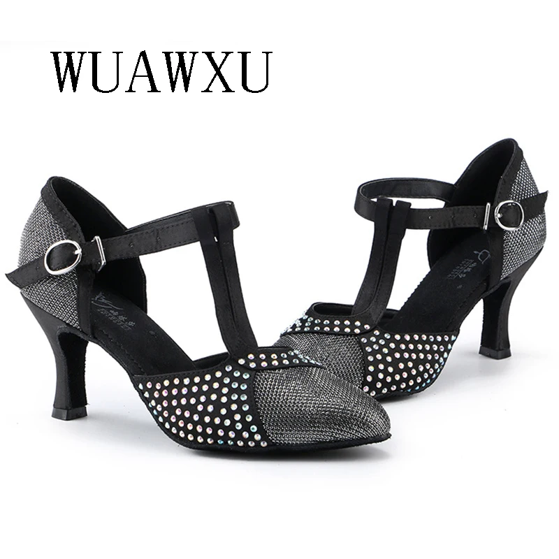 NATASHA2023 Pointed Dance Shoes for Women Adult Soft Sole with Diamond Satin and Silver Black Shine Modern Double Dance Social D