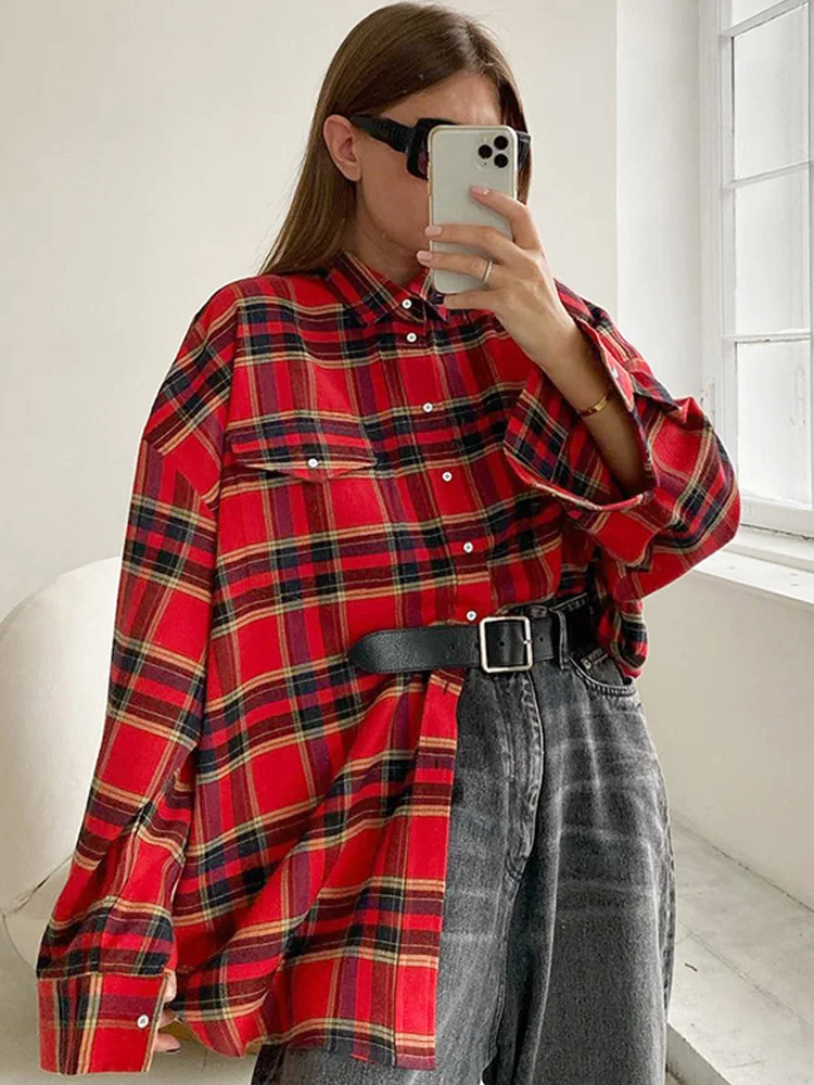 Casual Spring Women's Plaid Shirt Colorful Oversize Check Street Lapel Female Shirts 2023 New Vintage Fall Lady Blouse Coat Top