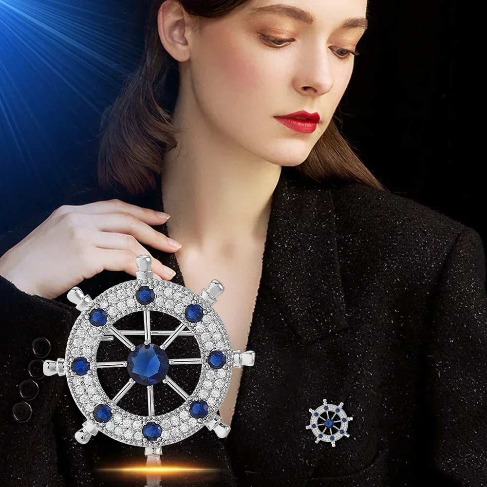 New Blue Crystal Rudder Brooch for Women Men Suit Shirt Badge Lapel Pins Personalized Jewelry Clothing Coat Accessories Gifts