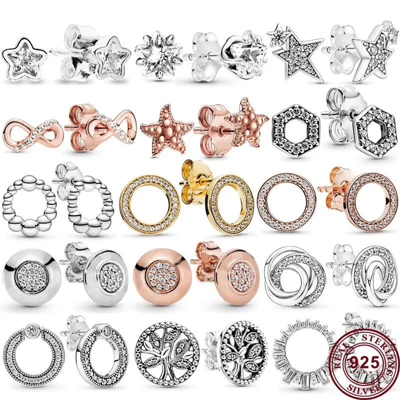 

Hot Selling 925 Sterling Silver Sparkling Stars Classic Round Original Women's Eternal Logo Earrings Wedding DIY Charm Jewelry