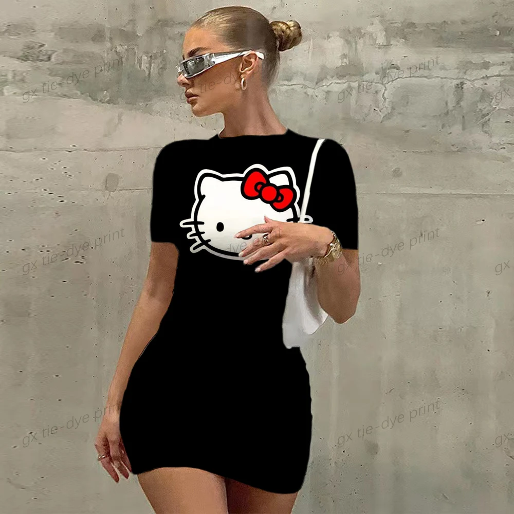 

Sexy Women Sheath Dress Hello Kitty Print Bodycon Short Sleeve Evening Party Club Short Mini Dress Fashion Women Y2K Dresses