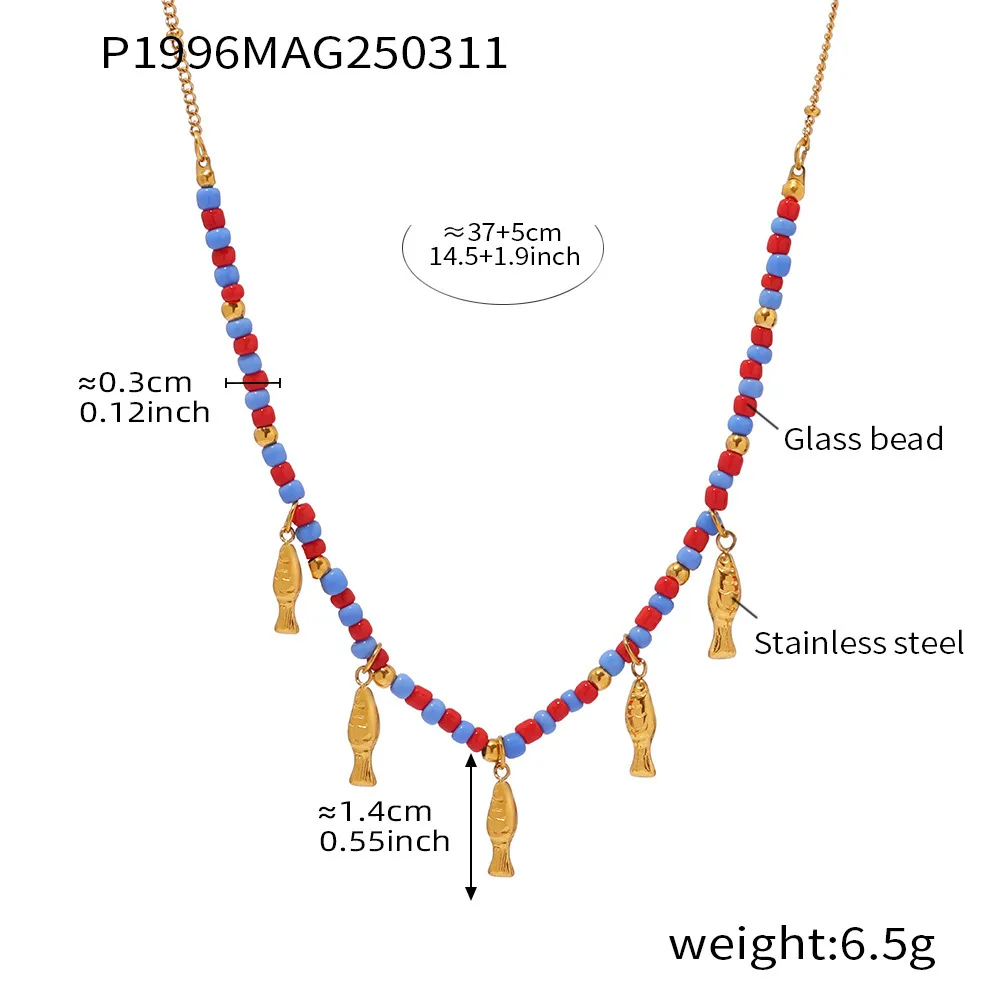 Halskette mit Fisch-Anhänger aus Edelstahl 316, für Damen, Bohemian-Stil, rot, blau, Glasperlen, Kette, Halsband, Naturstein-Armband-Set, Schmuck – Detail 2