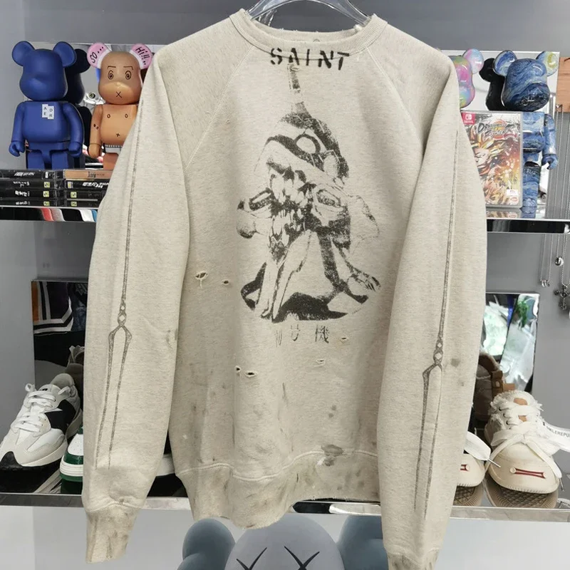 

Saint Michael Hoodie Autumn New Hand-paint Graffiti Roundneck Pullover American Washed Do Old Hoody Sweatshirts Men Women