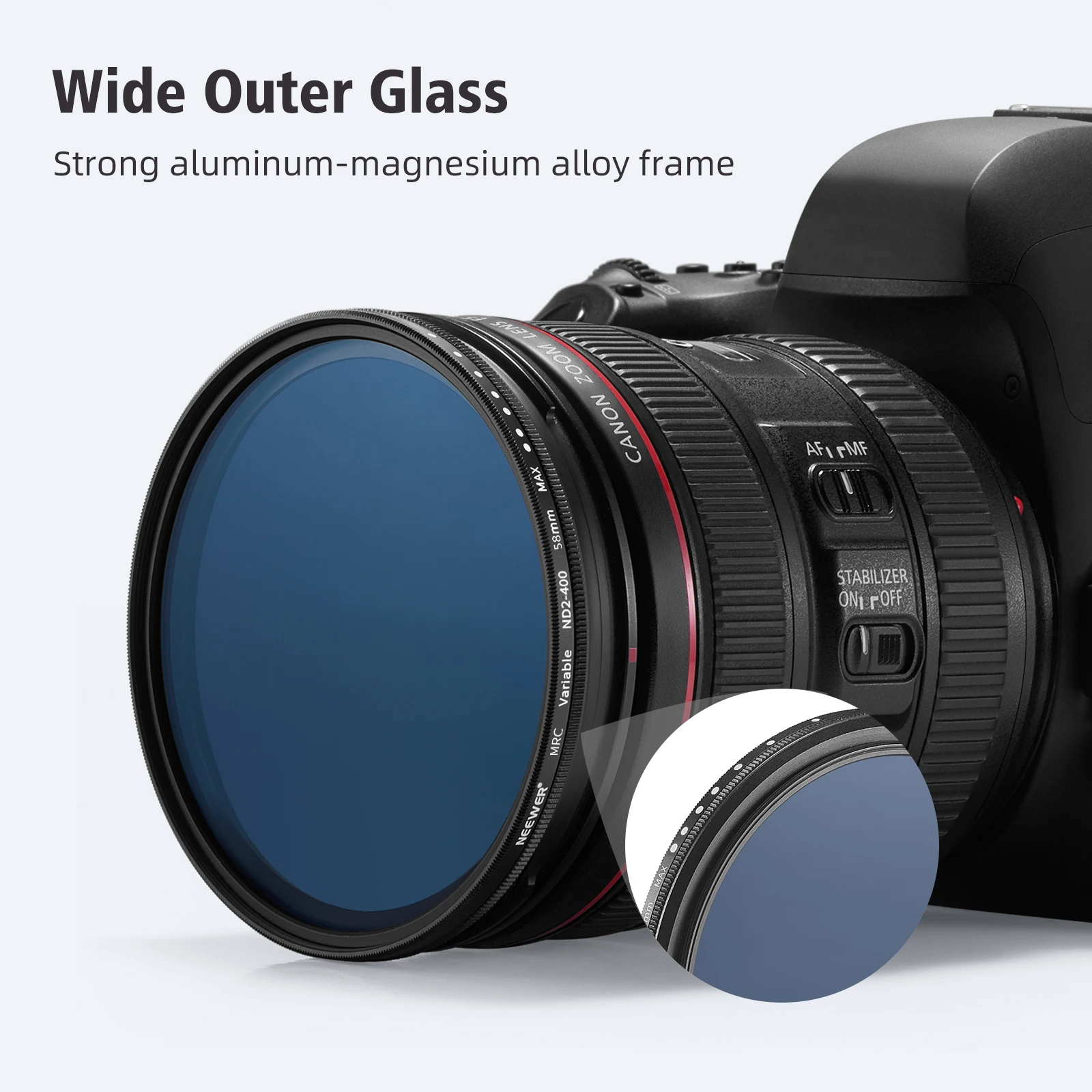 NEEWER 77mm Variable ND Filter (ND2-ND400) - Adjustable Neutral Density Camera Filter With Hard Stops