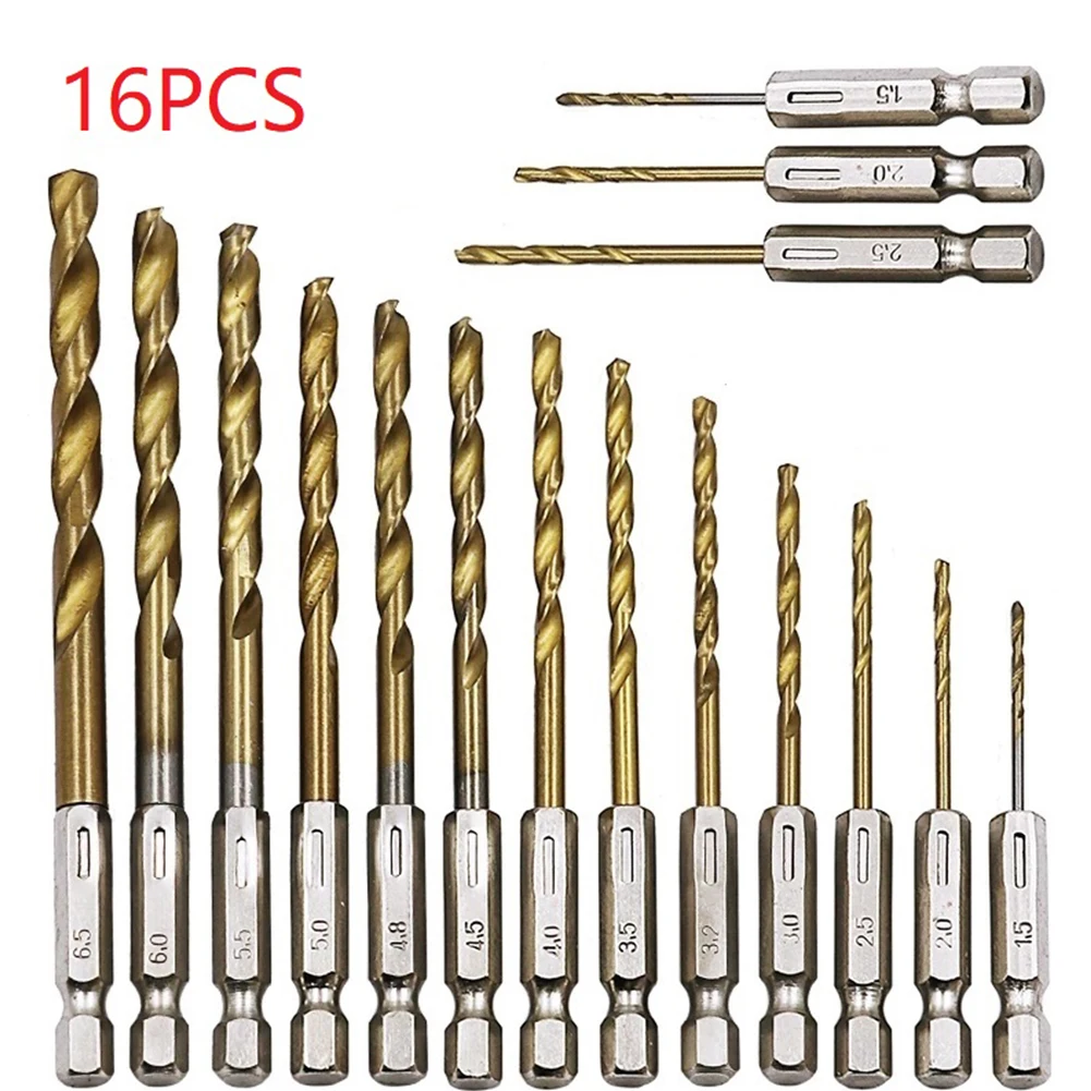 16pcs HSS HSS Titanium Coated Drill Bit Set 1/4 Hex Shank 1.5-6.5mm Wood Plastic Drilling Cordless Screwdriver Twis Bit Tool