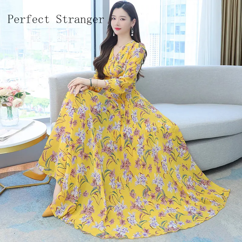 

2024 Spring New Arrival V Collar Vestidos De fiesta Flower Printed Long Sleeve Chiffon Long Beach Dress Robe Sexy Dresses