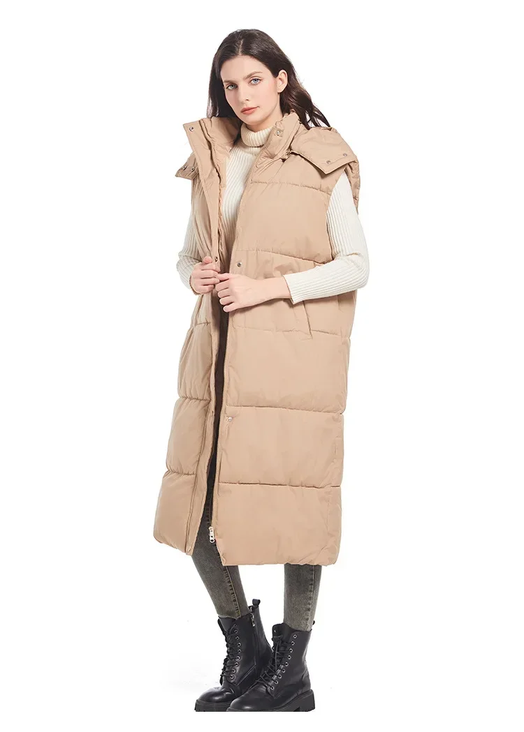 Winter Long Vest Jacket Women Clothes Warm Hooded Zipper Down Cotton Sleeveless Coat Loose Bow Tie Sashes Waistcoat