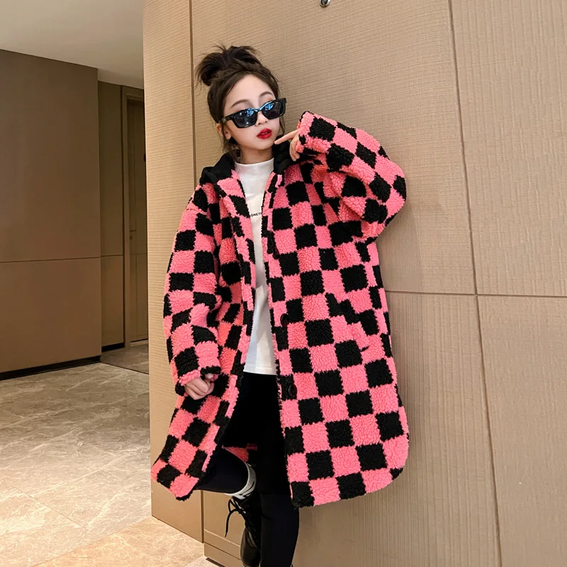 

Winter Girls Fur Coat Thick Warm Rosy Plaid Hooded Outerwear for Kids Loose Casual Streetwear 10 12 Years Teen Children Clothes