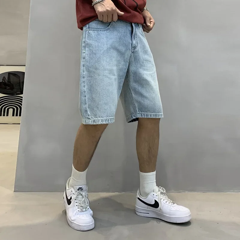 Fashionable Niche Design Sensibility Washing Light Denim Men's Casual Shorts Straight Leg Trendy Midsummer Pants